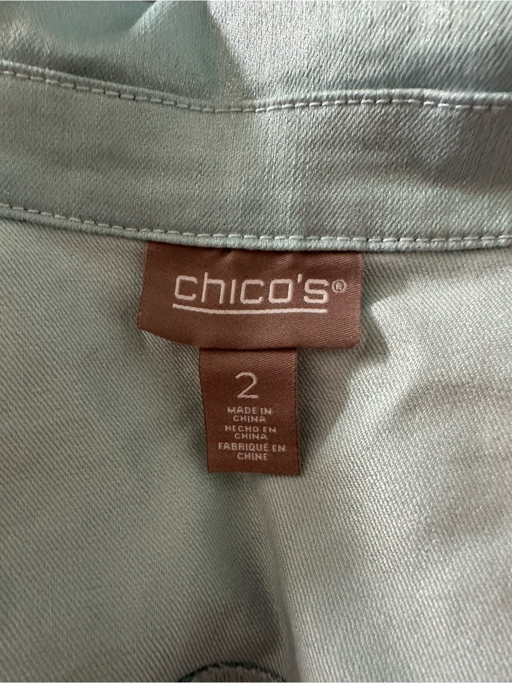 Chico’s Size 2 Aqua Blue Shimmer Stretch Denim Jacket Metallic Sheen Large 12 - Picture 4 of 6